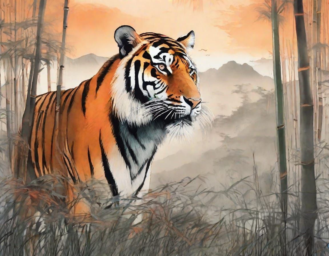 Regal Tiger in a Bamboo Grove, Chinese Ink Painting
