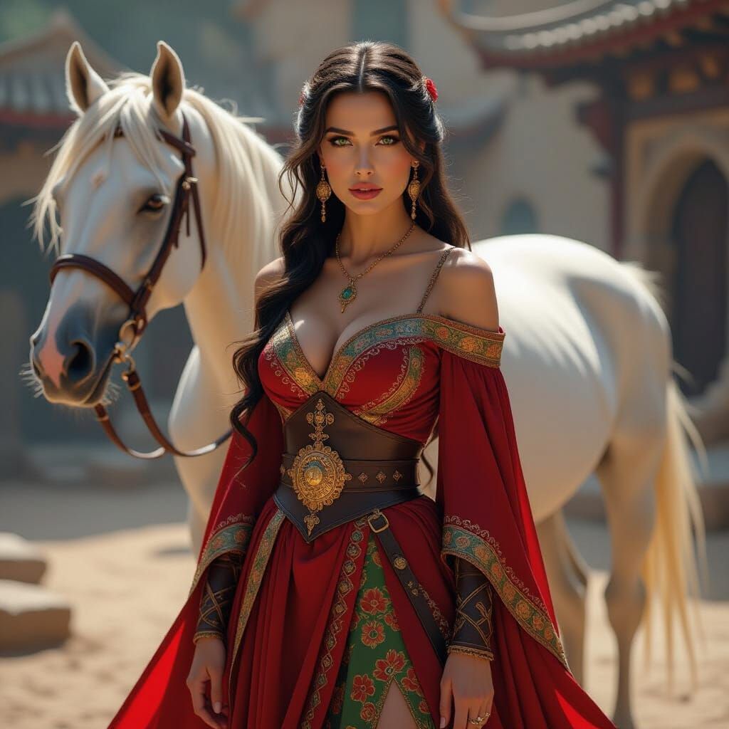Mysterious Woman on White Horse in Orientalist Style
