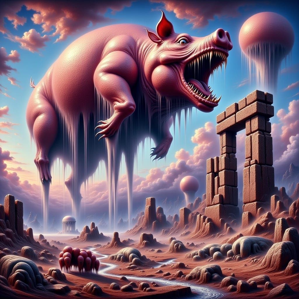 Psychedelic Stonehenge with Floating Pig in Oil Painting