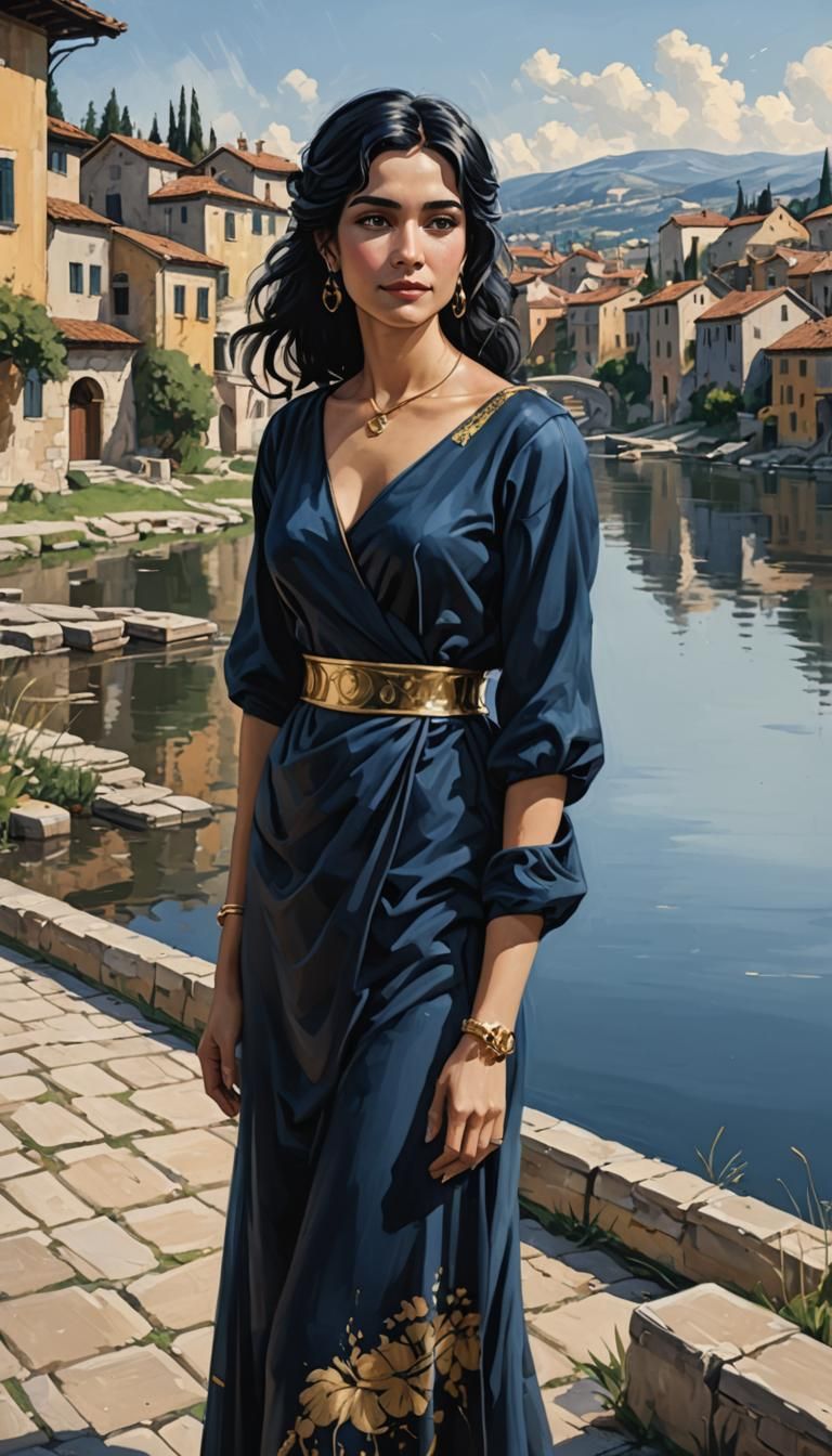 Roman Woman in Alcohol Painting Style by Lake