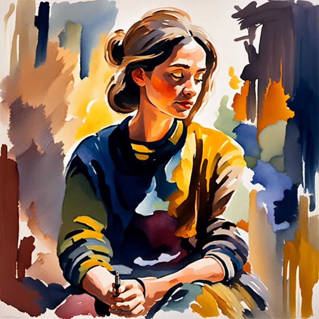 Impressionist Gouache Painting of Woman in Watercolor