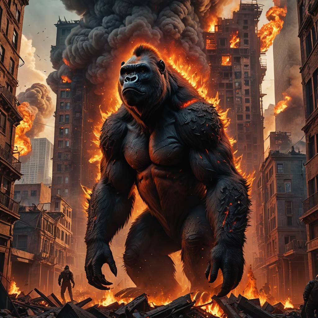 Gorilla-Hyena Hybrid in Burning City: Fantasy Concept Art