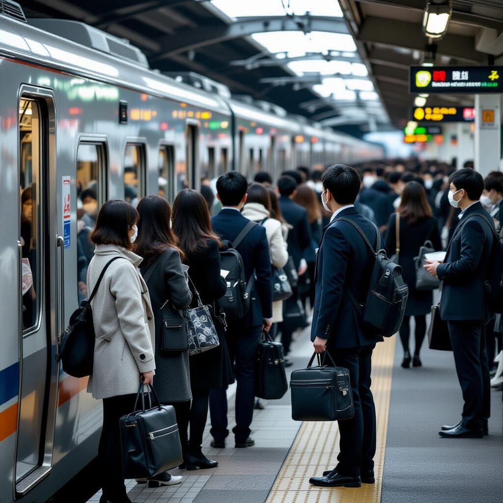 Crowded Japanese Train Station in a Chaotic Rush