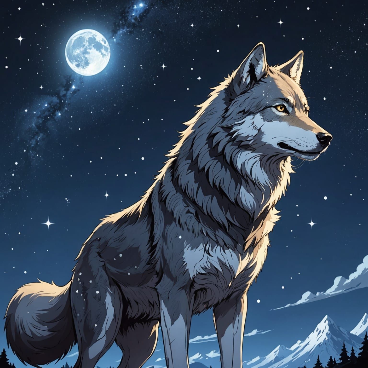 Wolf in Anime Style with Starry Background
