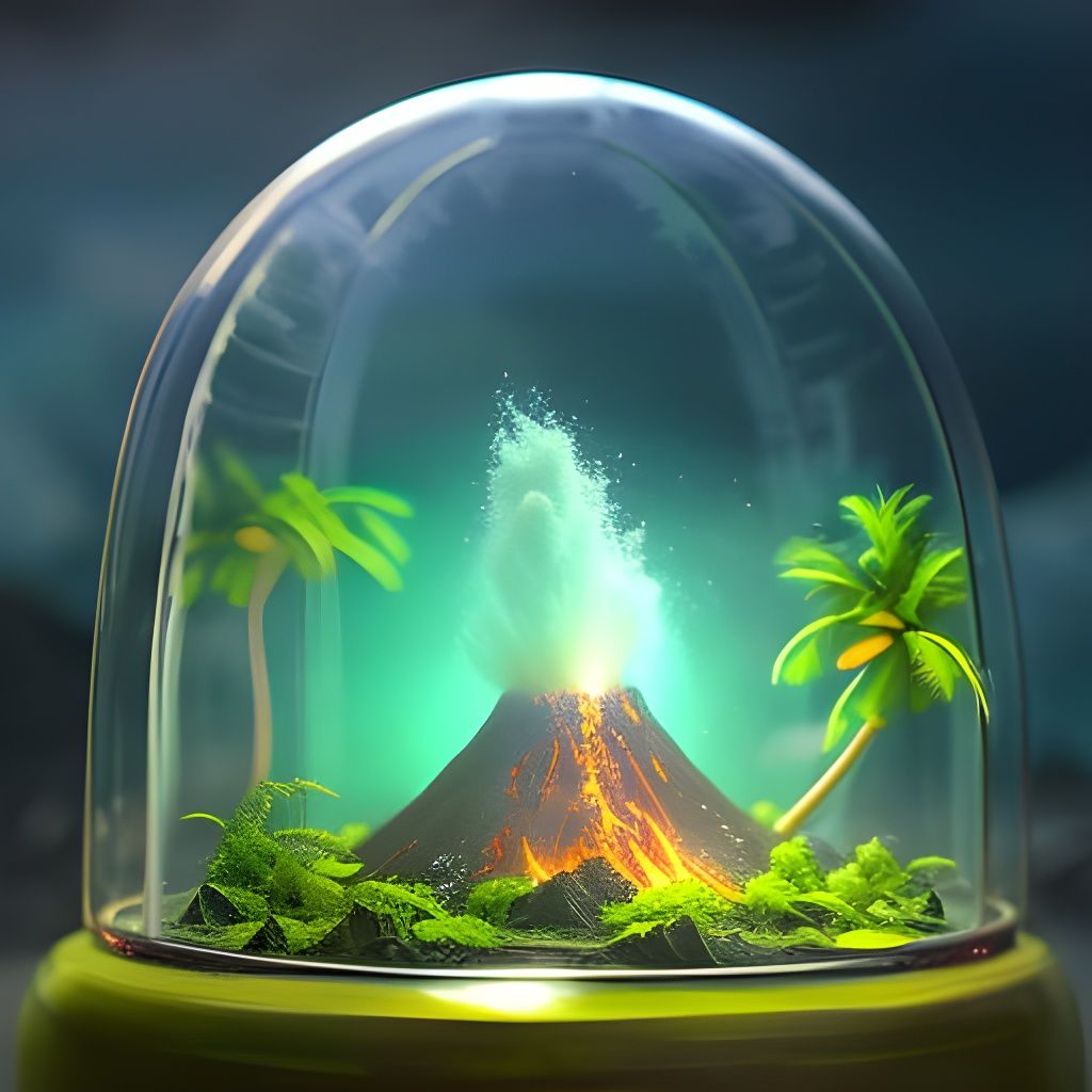Tropical Island Volcano in Glass Cloche, Digital Art