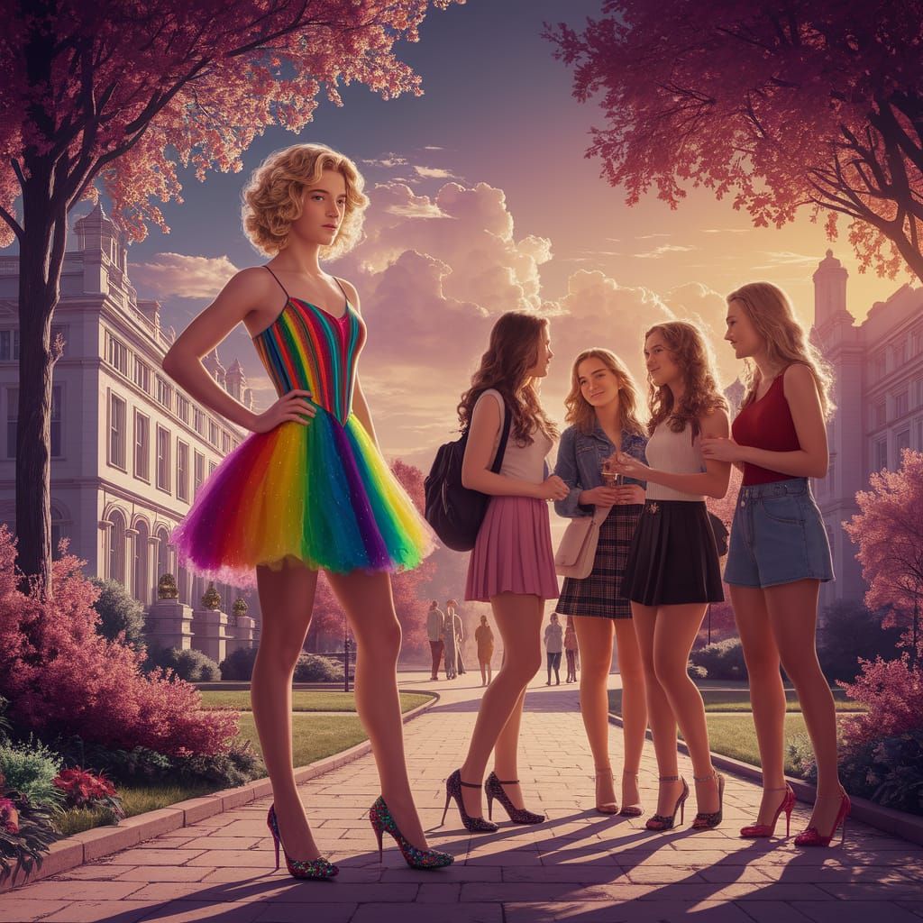 Fantastical University Campus Scene with Rainbow-Colored Her...