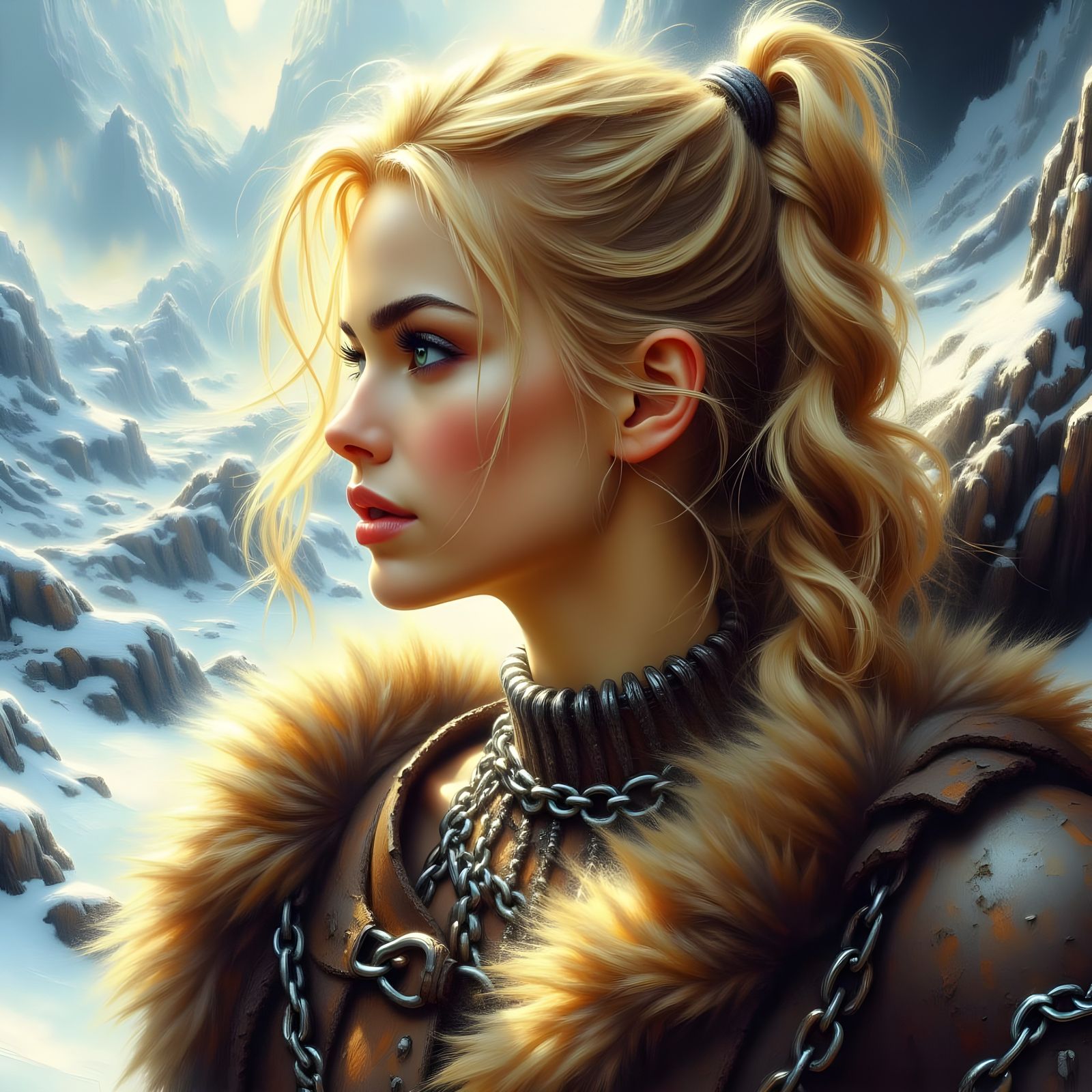 Norse Goddess Scanning Horizon in Ethereal Fantasy Style