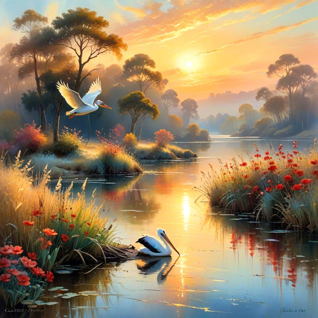 Majestic Pelican Soars Over Serene Autumn Lake