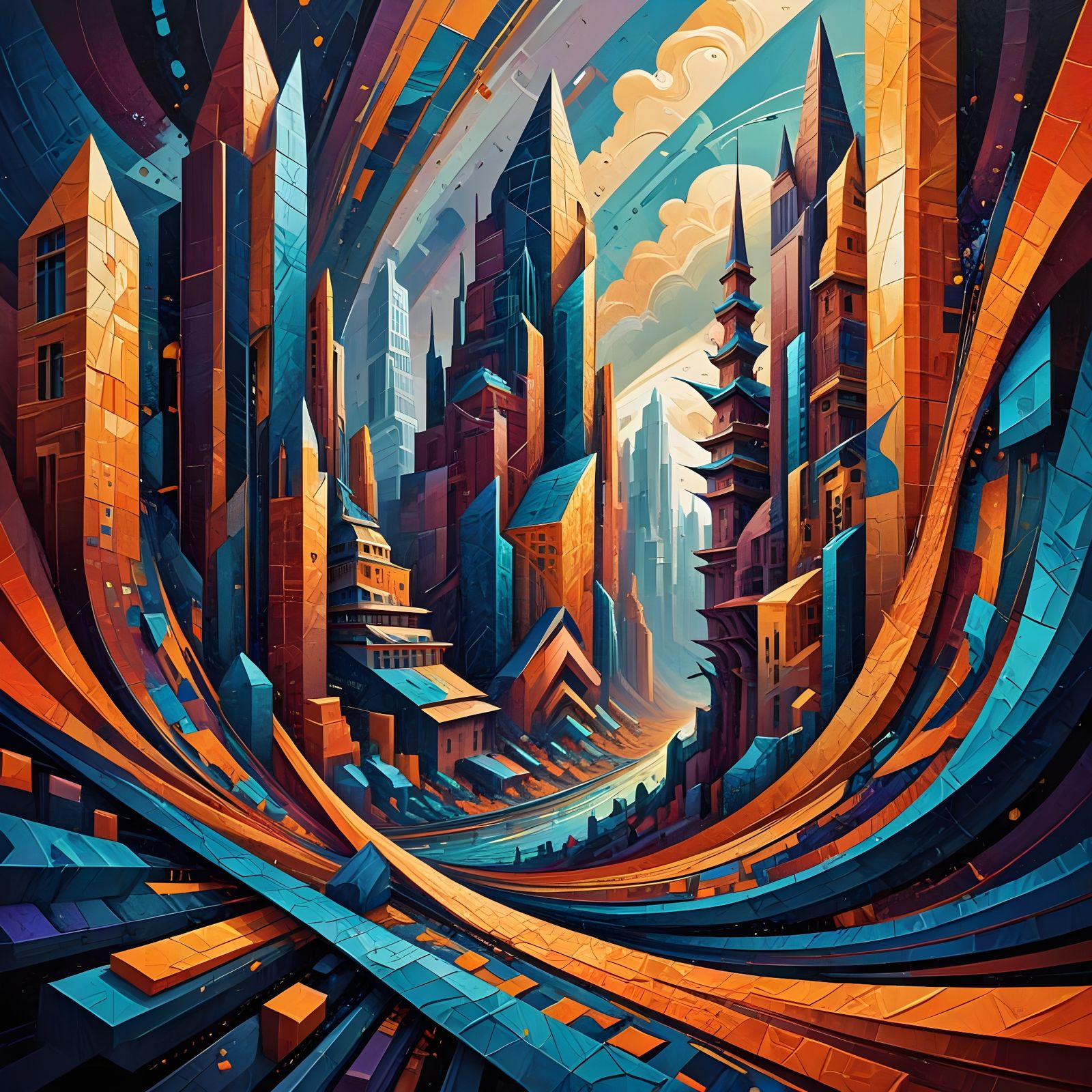 Vibrant Neo-Cubist Cityscape in Geometric Fauvism Style