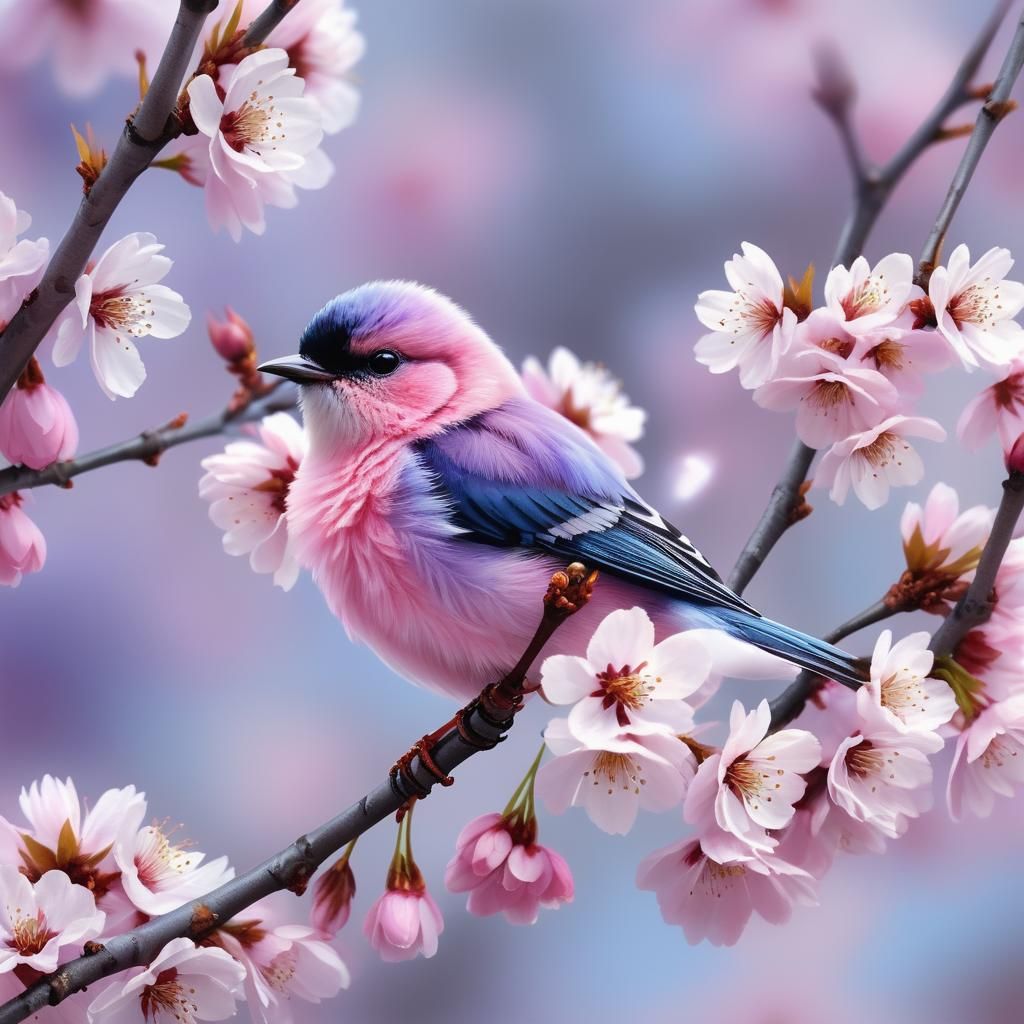 Luminescent Cherry Blossom Macro with Lilac Bird