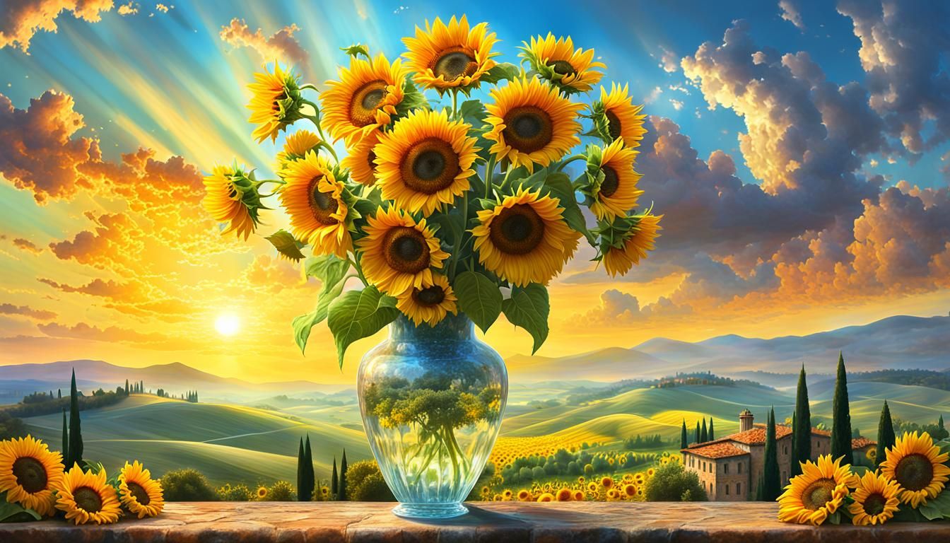Sunflowers in Tuscany: Ethereal Astral Illustration