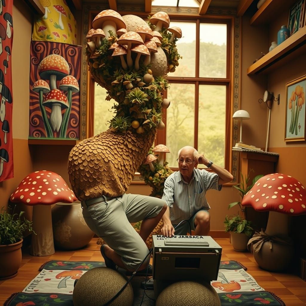 Surreal Mushroom Garden Scene with Elderly Couple