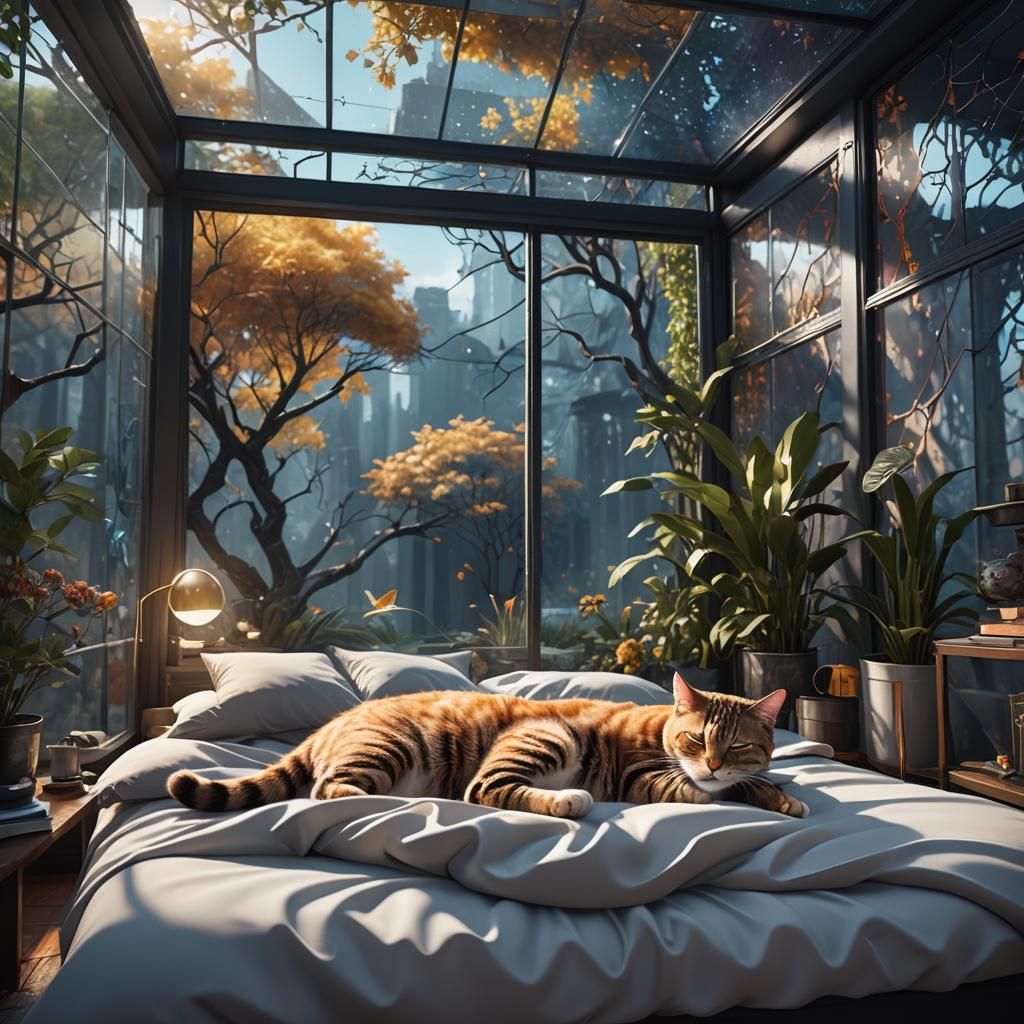 Cat Nap in Glass Walled Bedroom: Detailed Matte Painting