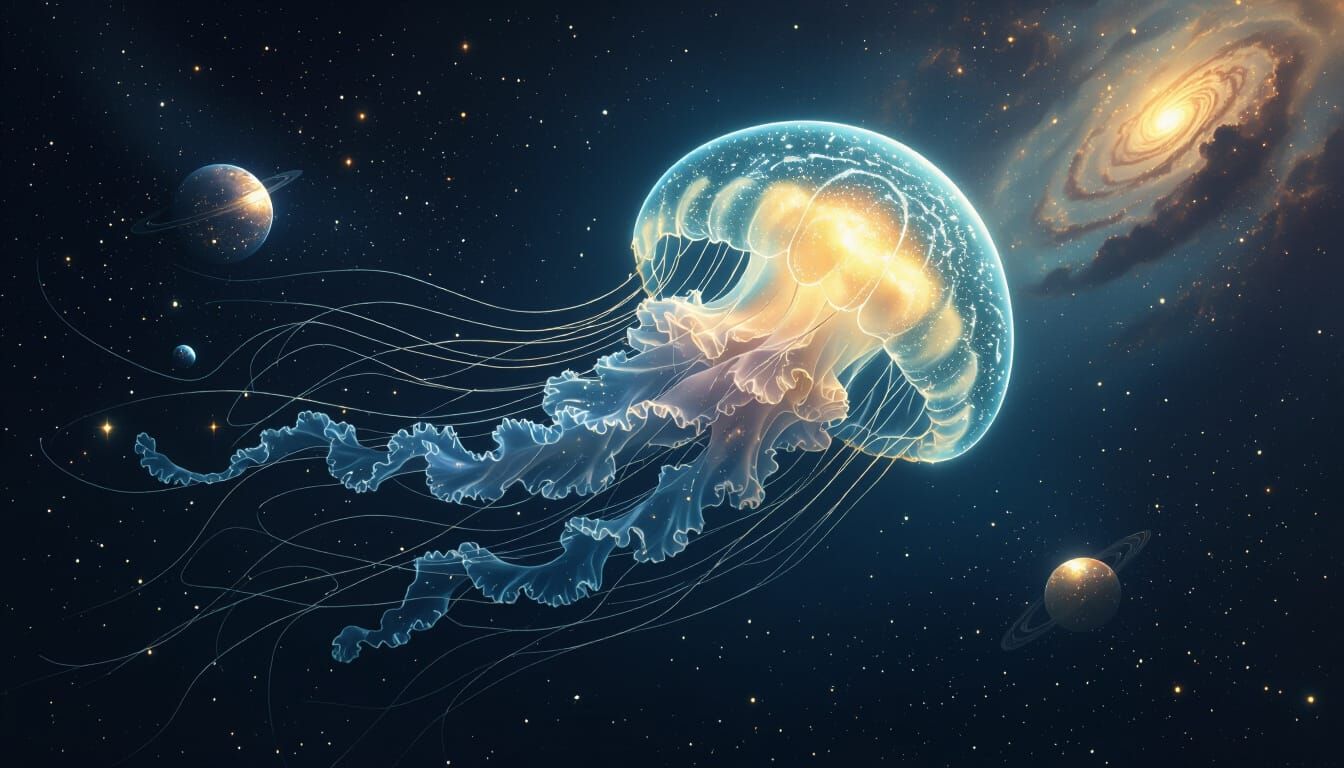 Bioluminescent Jellyfish Drifting Through Deep Space