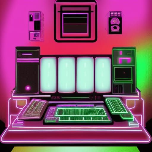 Synthwave Neon Retro Computer Interior