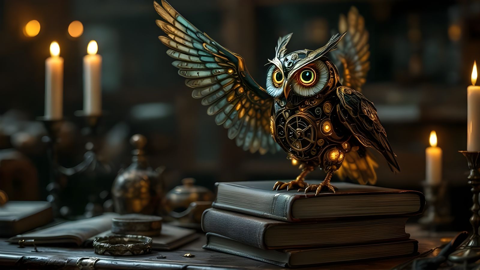 Clockwork Owl in Victorian Study: Steampunk Art