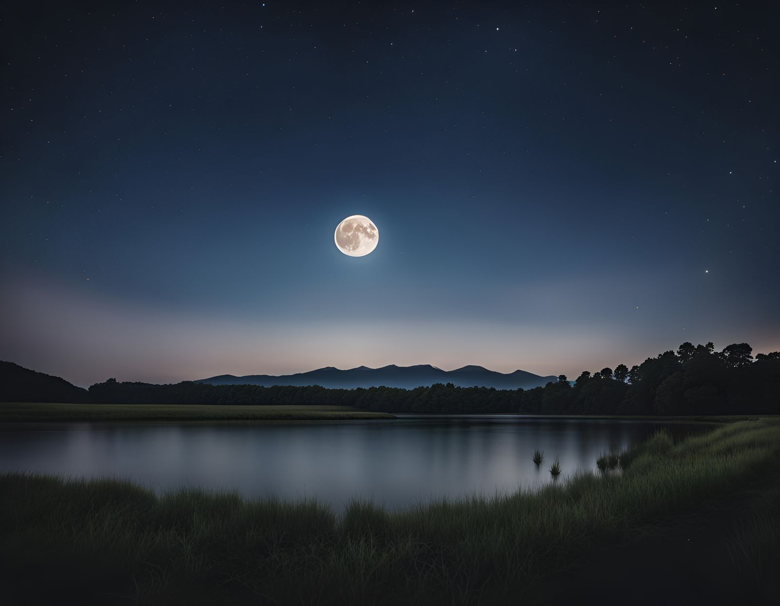 Full Moon and Stars Over a Peaceful Horizon