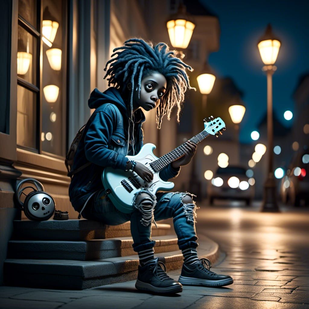 Night Musician Under Streetlamp