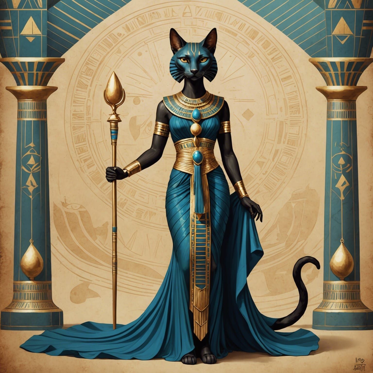 Egyptian goddess bastet,  in a beautiful flowing Egyptian gown