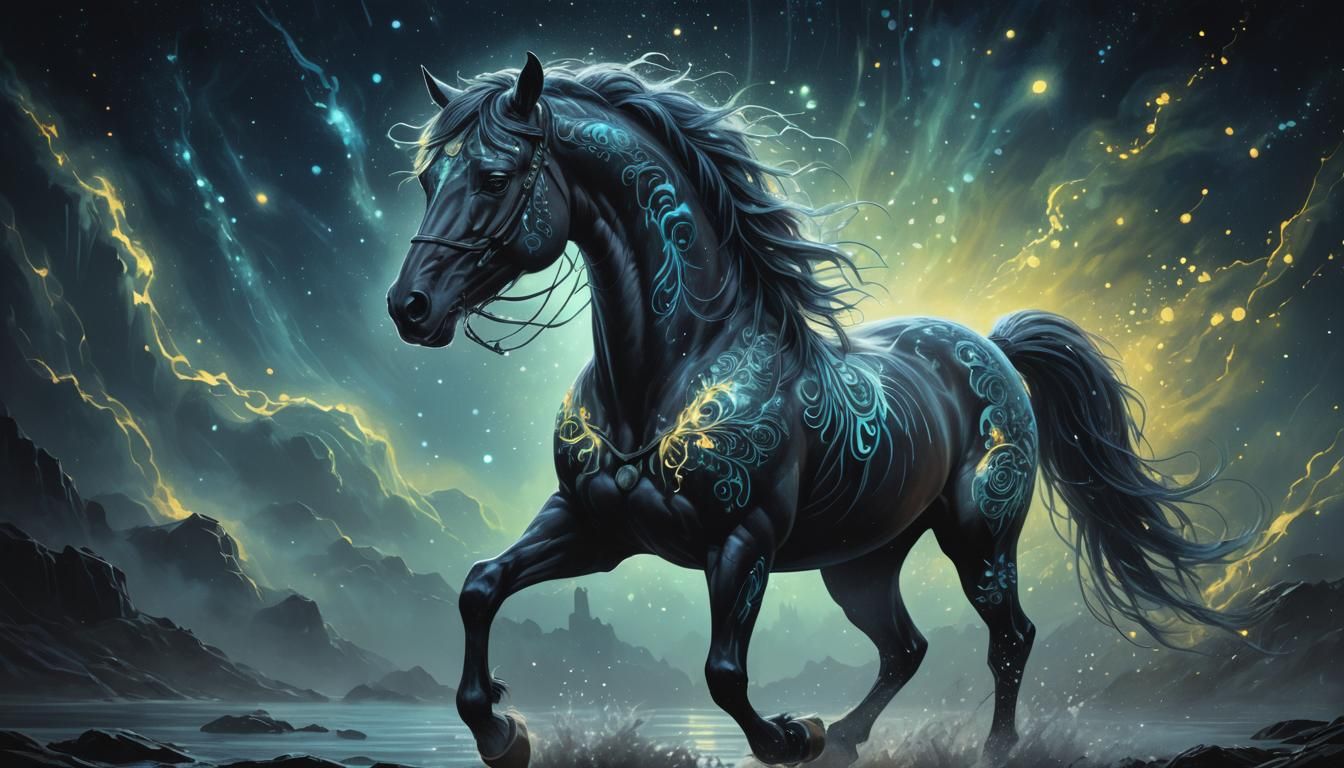 Bioluminescent Fantasy Horse in Ornate Glowing Patterns