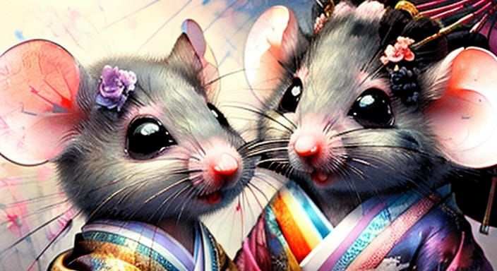Cute Fairy Mice in Traditional Geisha Style
