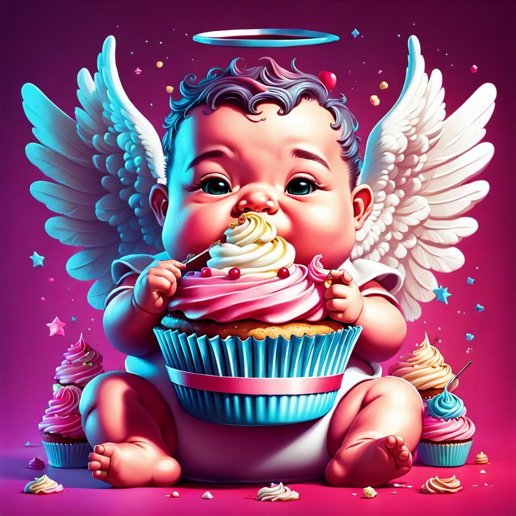 baby angel eating cupcake