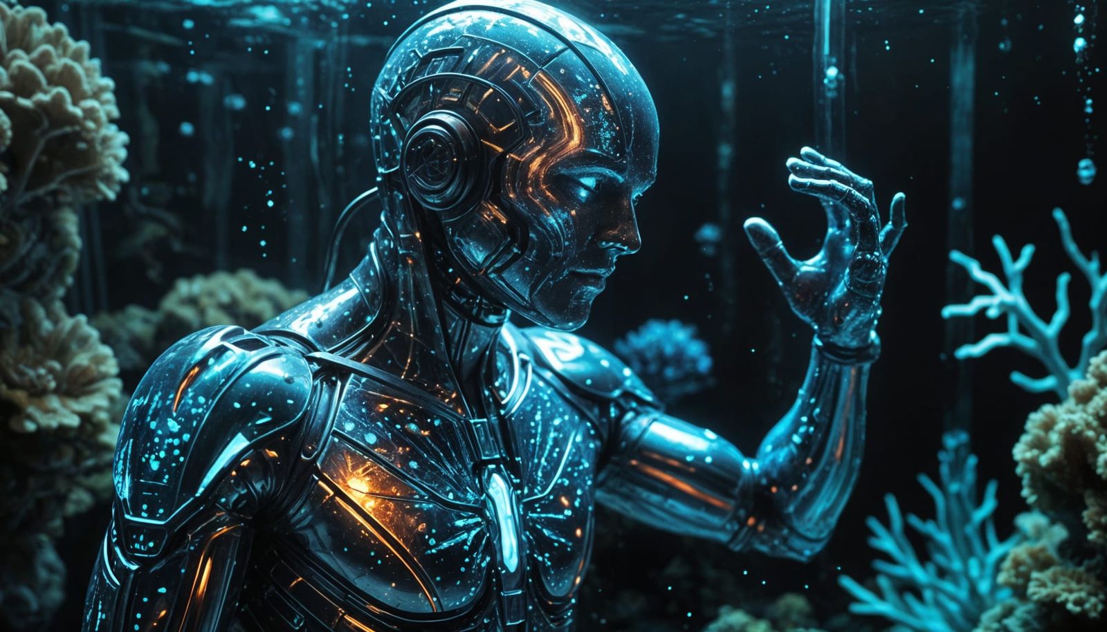 Underwater Art Studio with Coral Sculpture and Robot Assista...