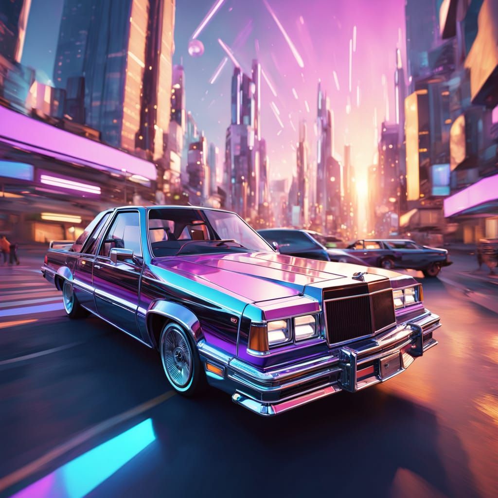 Neon-Lit Lowrider Cruises City Streets in Cyberpunk Style