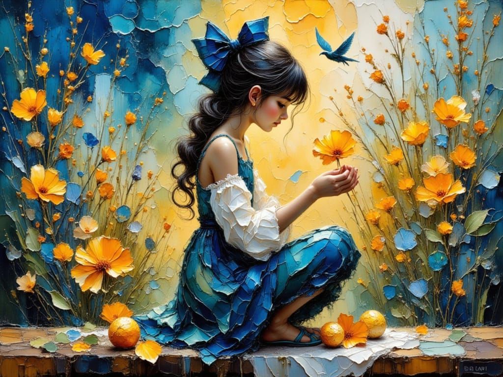 Young Girl Picking Flowers Impasto Painting