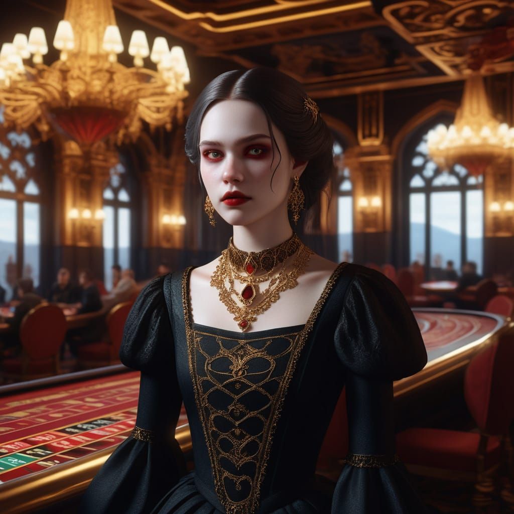 Gothic Vampire in Luxury Casino, Artstation-Style Fantasy Co...