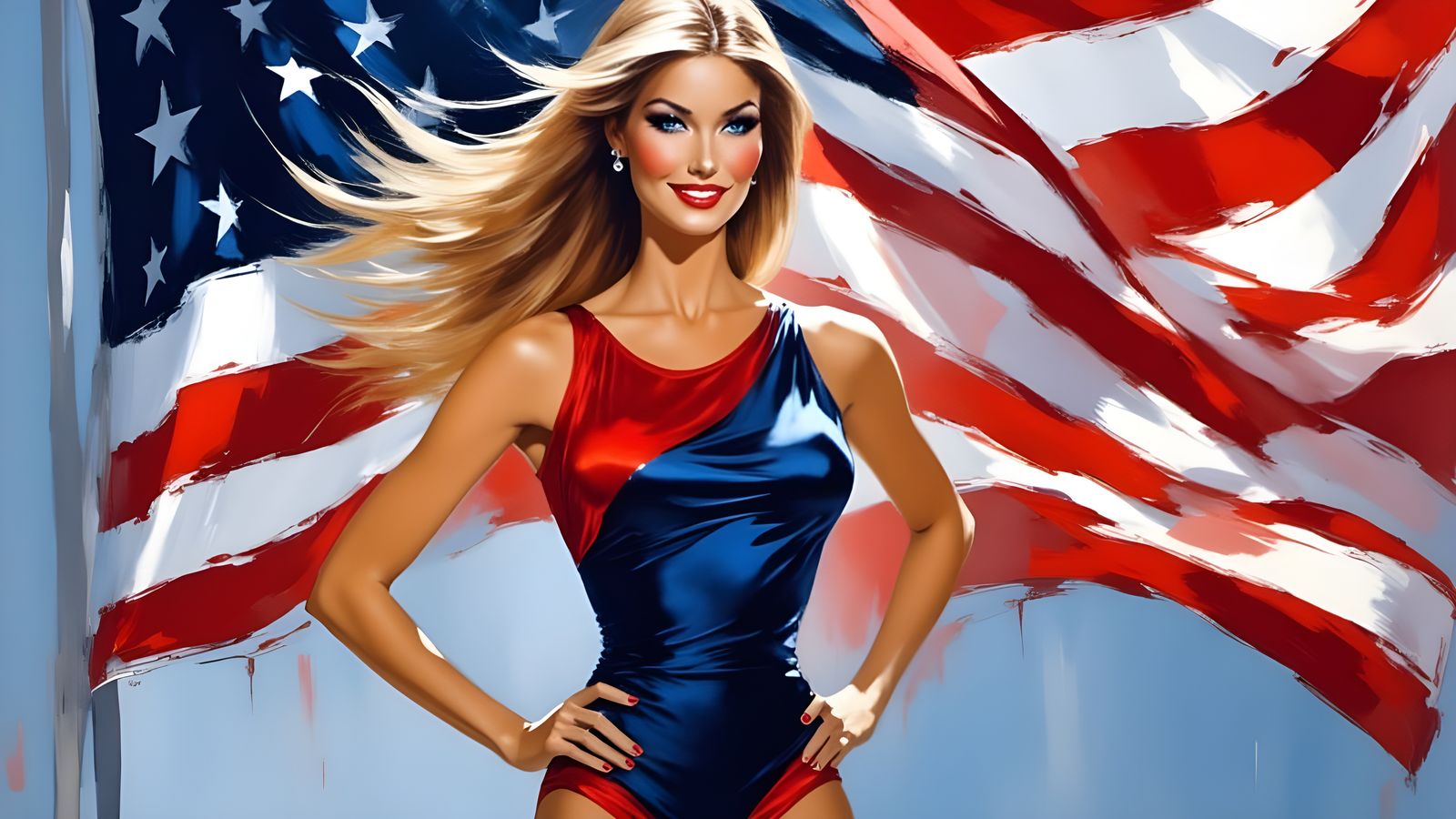 Patriotic Woman with American Flag in Impressionistic Style