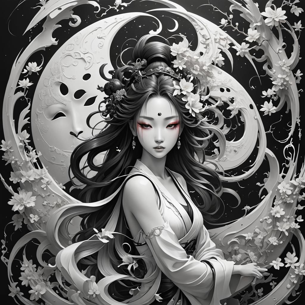 Yin Yang Goddess Paradise in Black and White