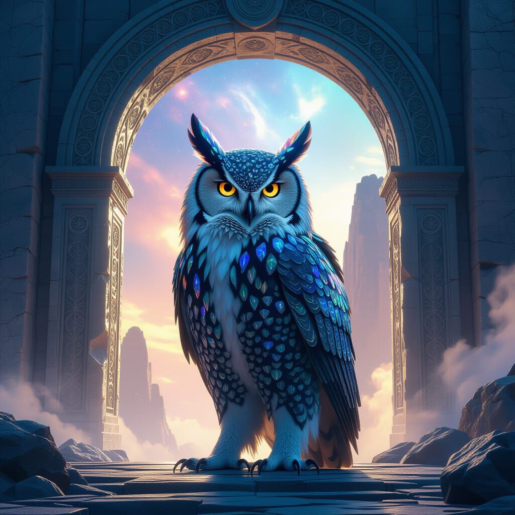 Majestic Crystalline Owlbear Guards Celestial Archway