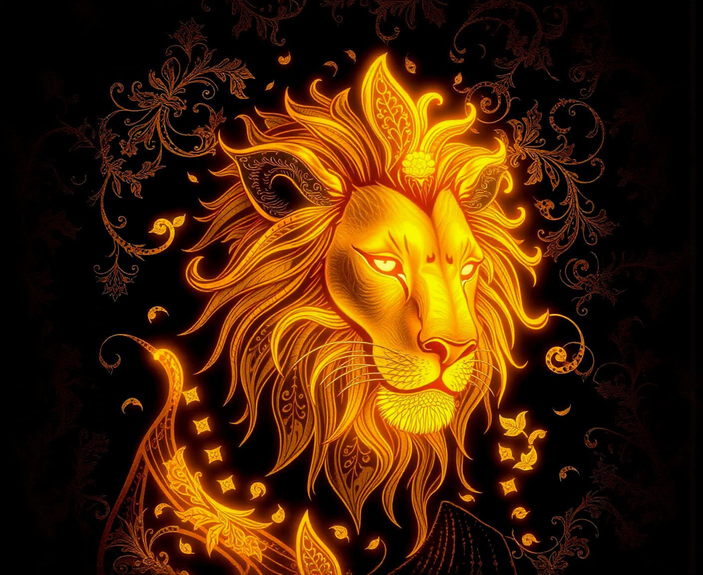 Bioluminescent Lion with Golden Filigree Designs