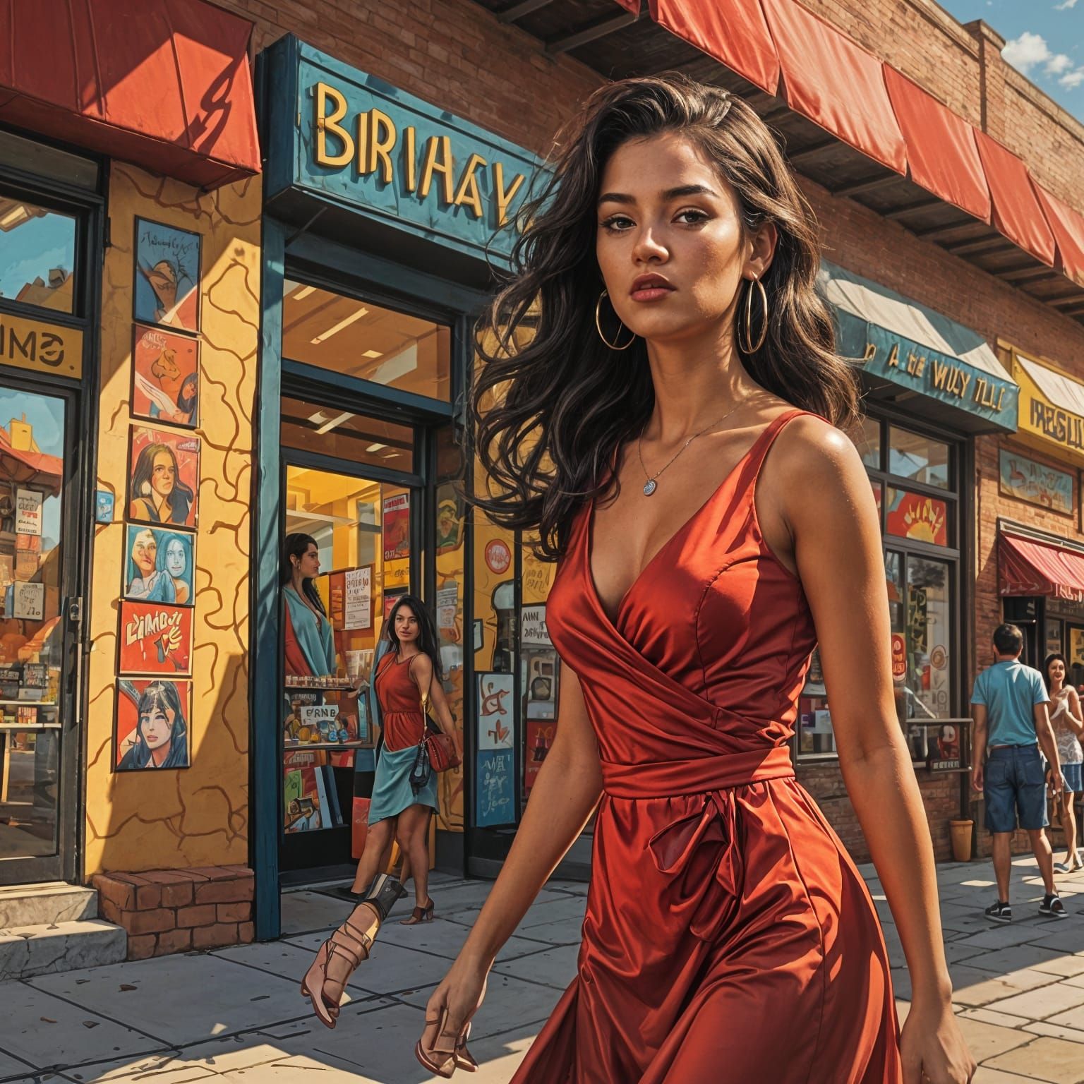 Latina Woman in Red Dress, Graphic Novel Style