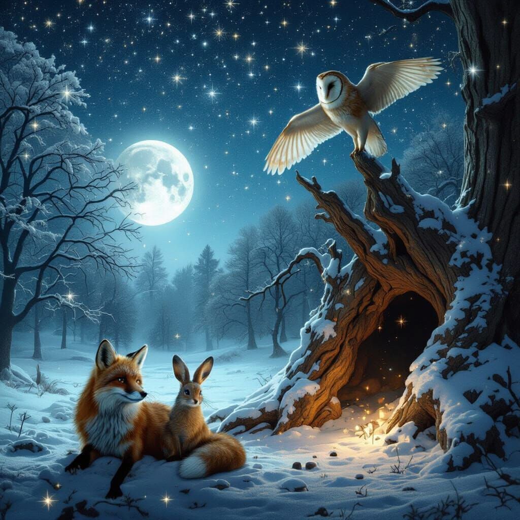 Fox and Hare Under Moonlit Starlight in Snowy Woods