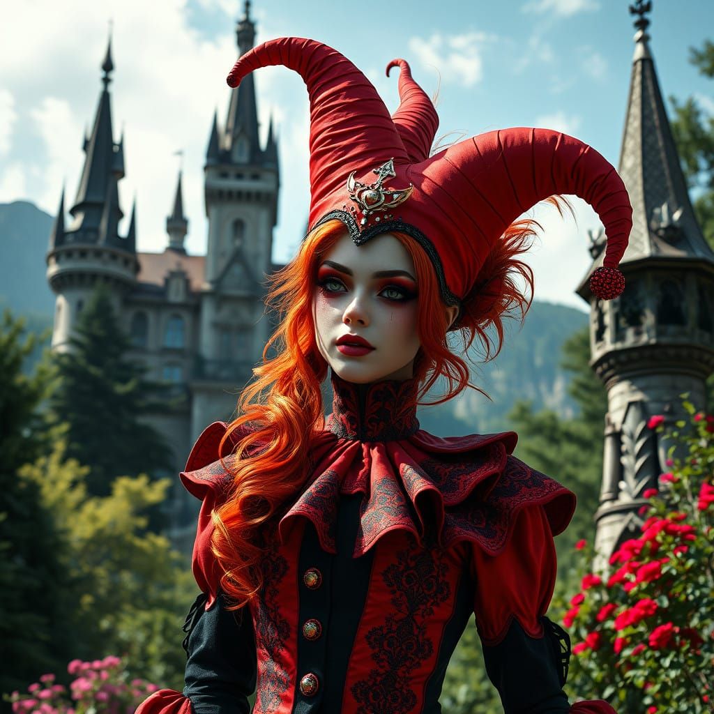 Vibrant Red-Haired Jester Stands Before a Majestic Castle in...