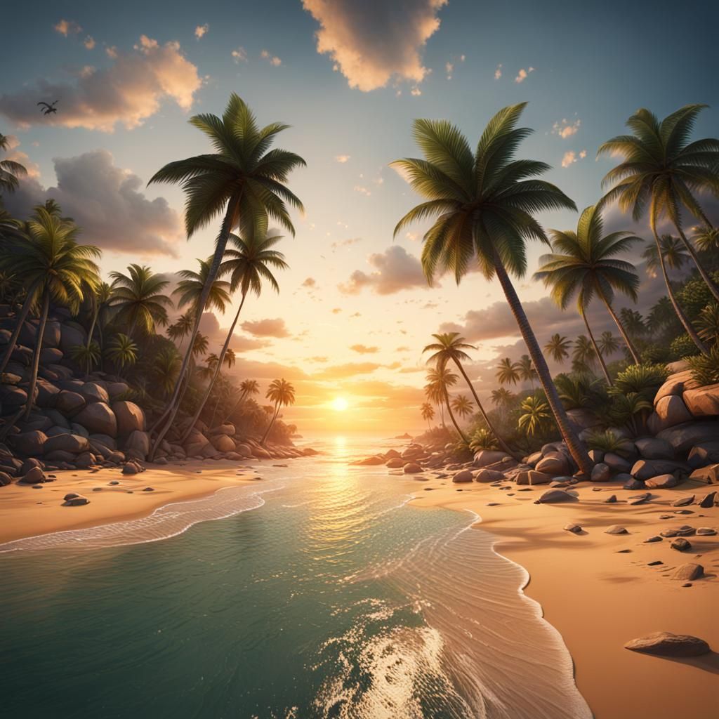 Tropical Beach Sunset: Detailed Matte Painting