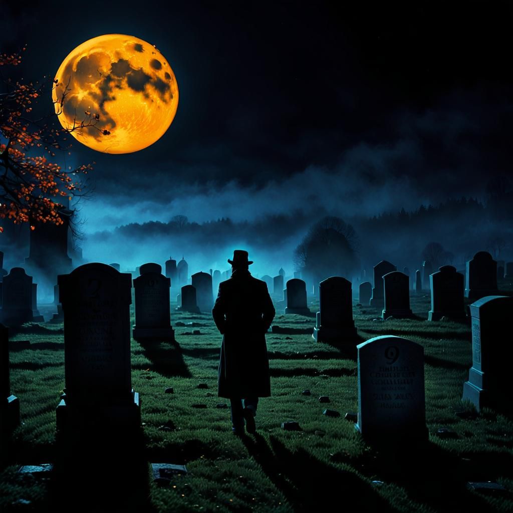 Eerie October Night in Graveyard, Impressionistic Style