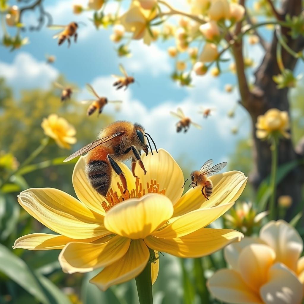 A Delicate Bee Sits on a Vibrant Flower in a Green Meadow