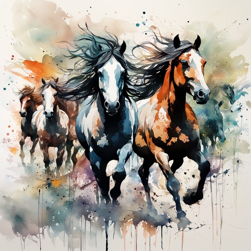 Wild Horses Running in Punk Ink Watercolor
