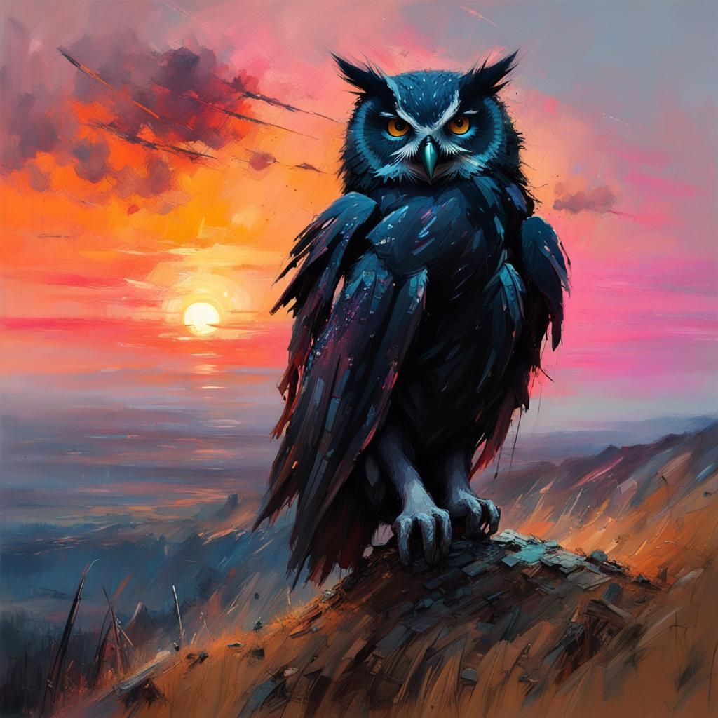 Black Owl at Sunset: Colorful Matte Painting