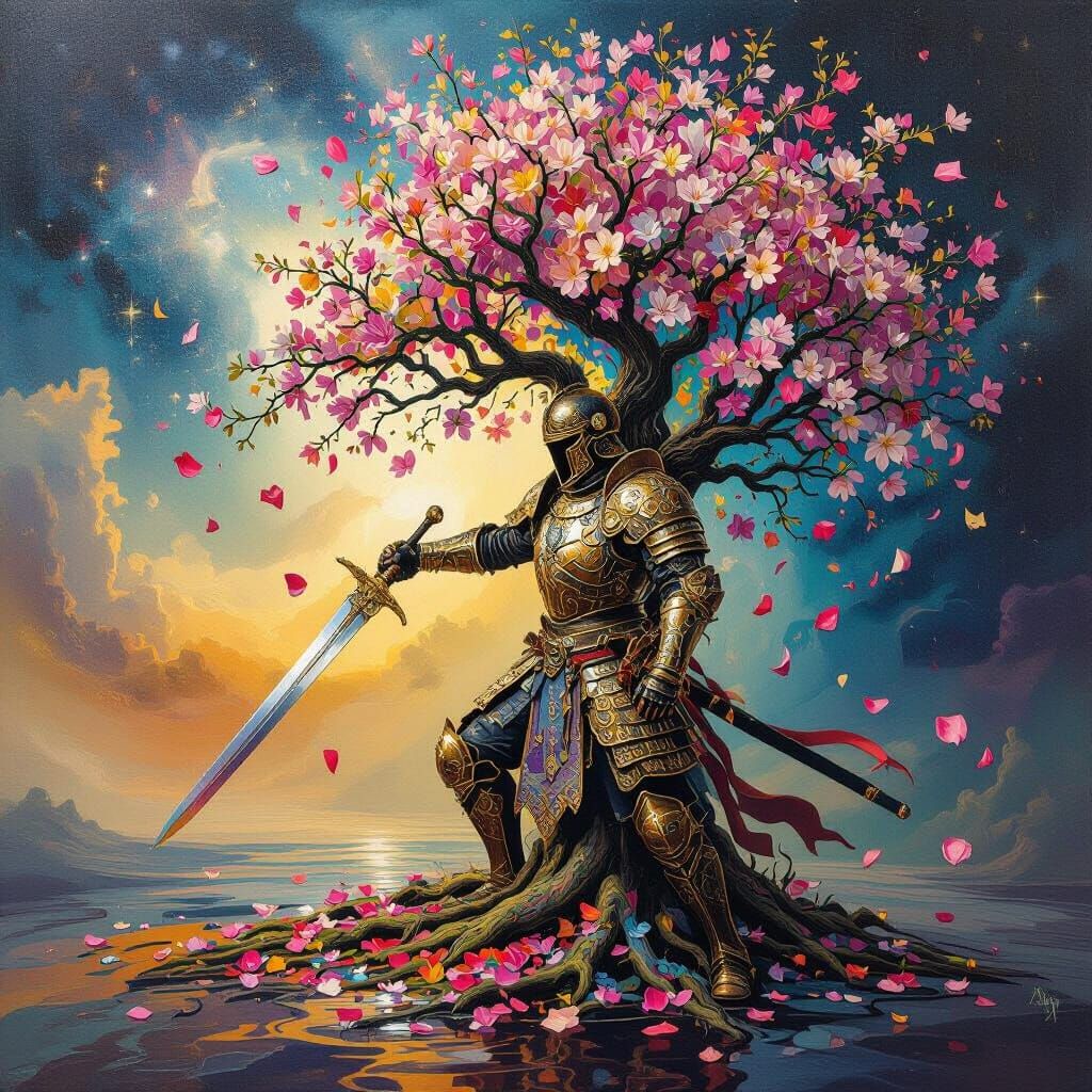 Warrior Transforms to Tree in Surreal Cosmic Art