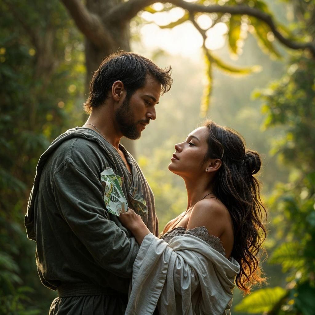 A highly detailed and photorealistic image of a male and female couple in a romantic embrace. The male should have a rug...