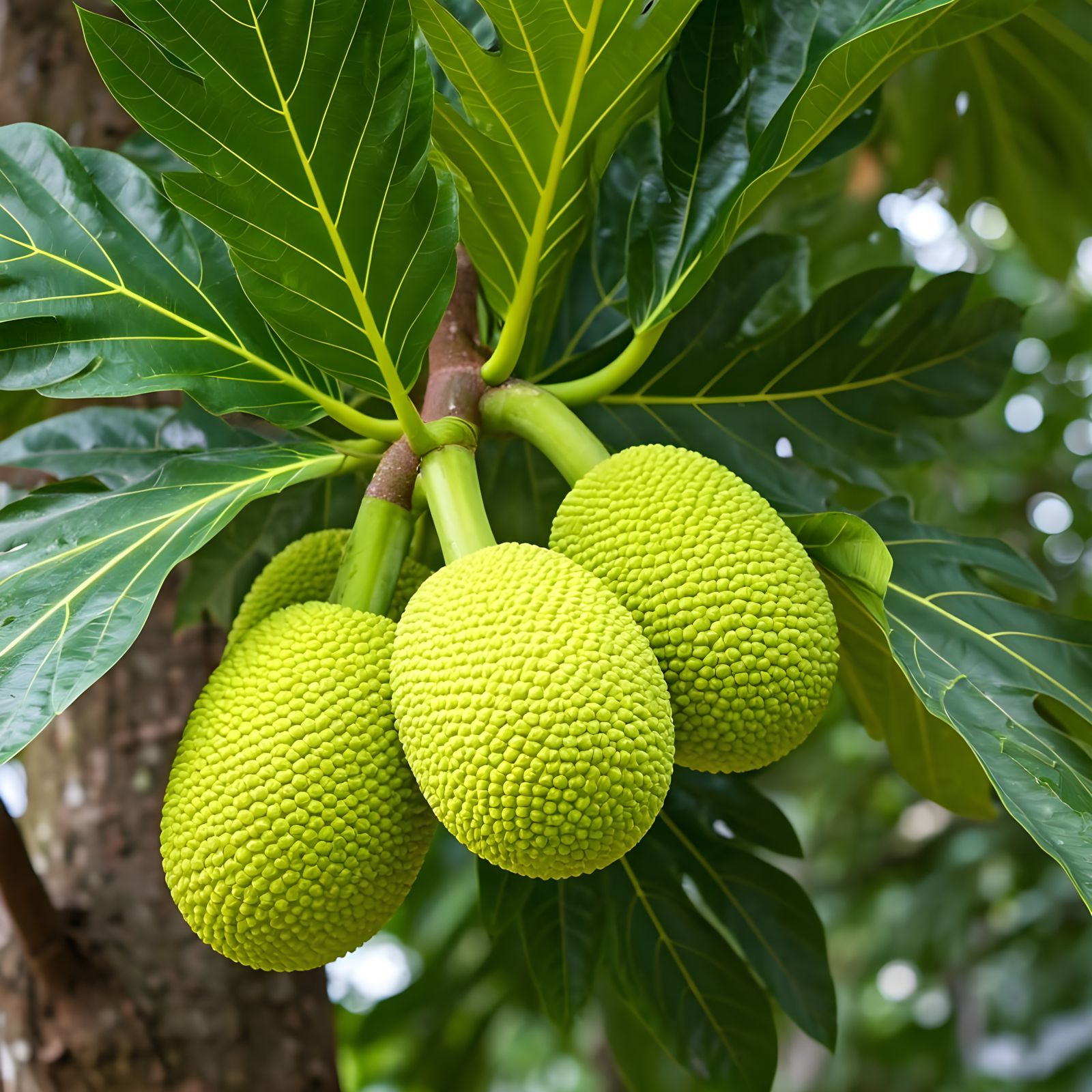 Four Green Breadfruits Hanging on Tree