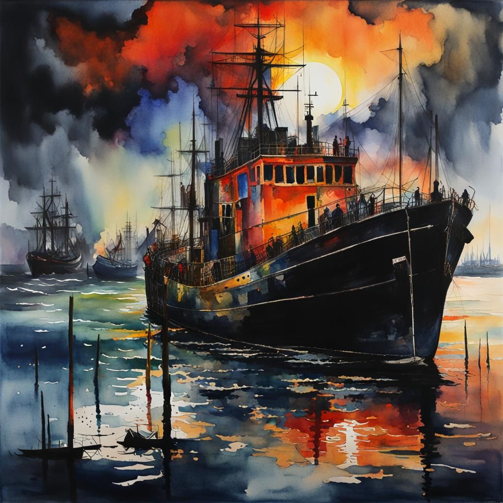 Hyperdetailed Harbour at Night in Watercolour Style