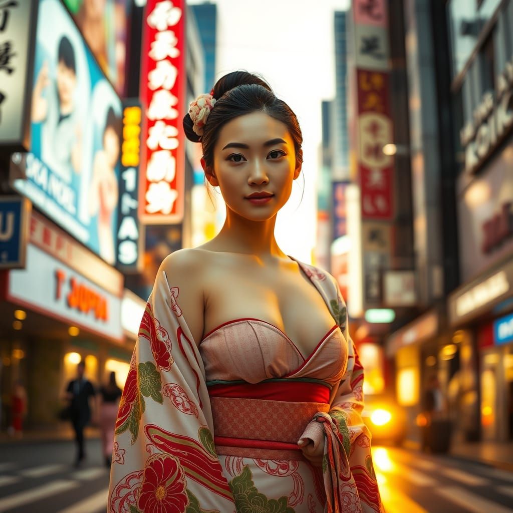 Tokyo Street Scene: Geisha-Inspired Woman in Neon Glow