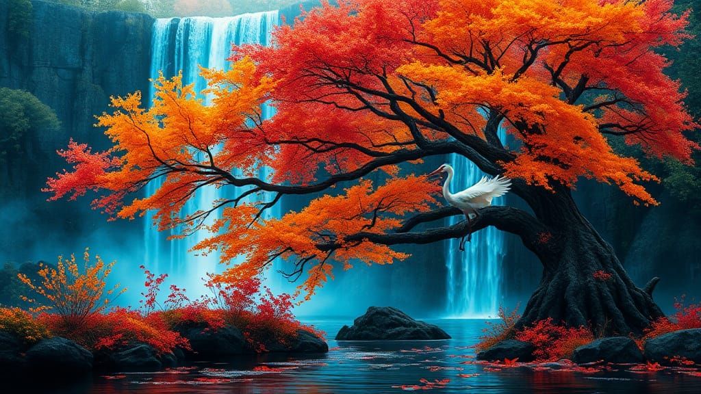 Ancient Autumn Tree and Blue Waterfall Digital Painting