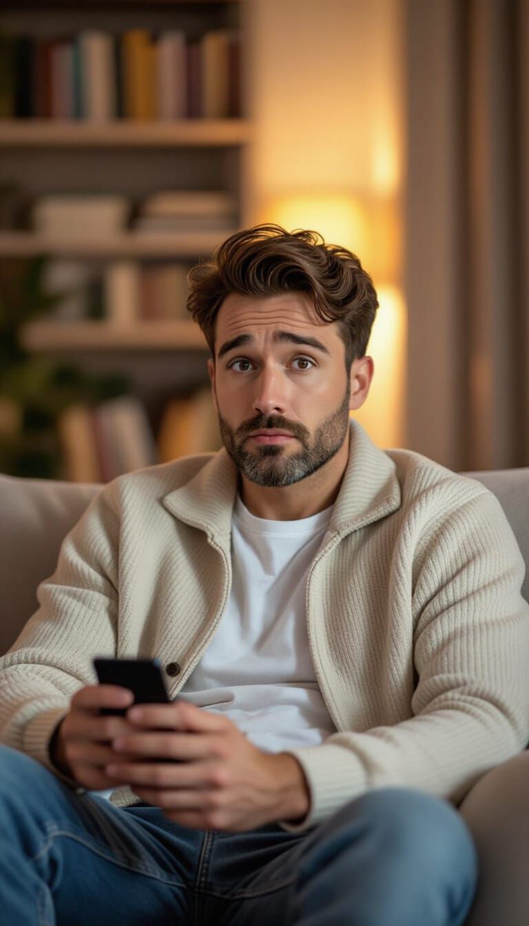 Puzzled Man With Smartphone on Modern Sofa
