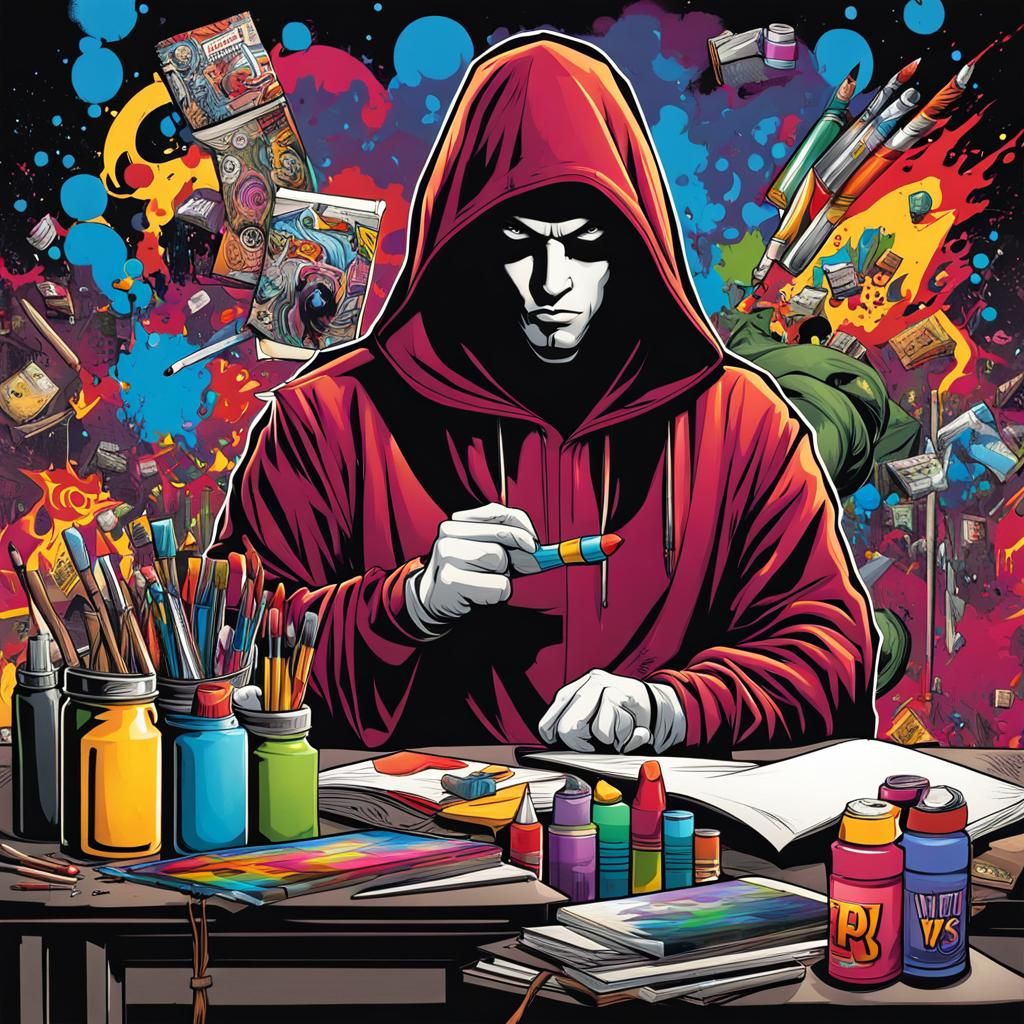 Hooded Graffiti Artist in Comic Book Style